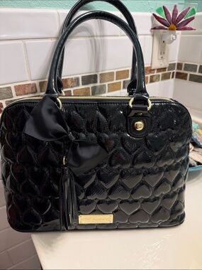 Betsey Johnson Black Patent Quilted Heart Satchel with Bow